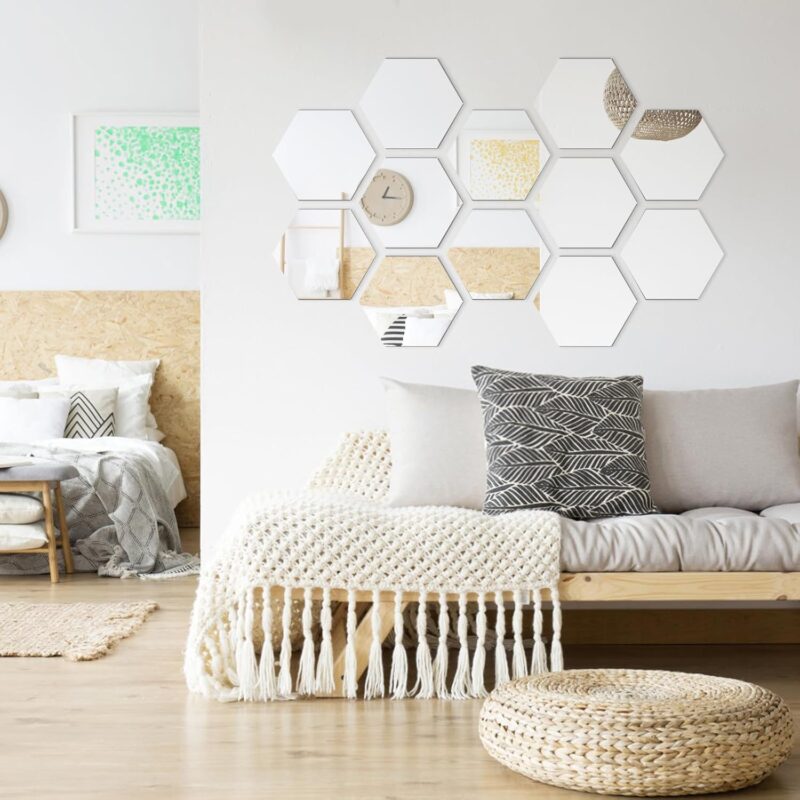 12 Pieces Mirror Wall Stickers -Self Adhesive Hexagon Shape Wall Flexible